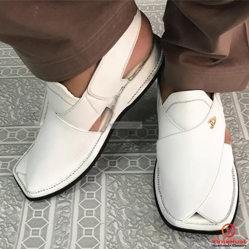 White Leather Peshawari Chappal: Traditional Kaptaan Sandal - Picture 2 of 6